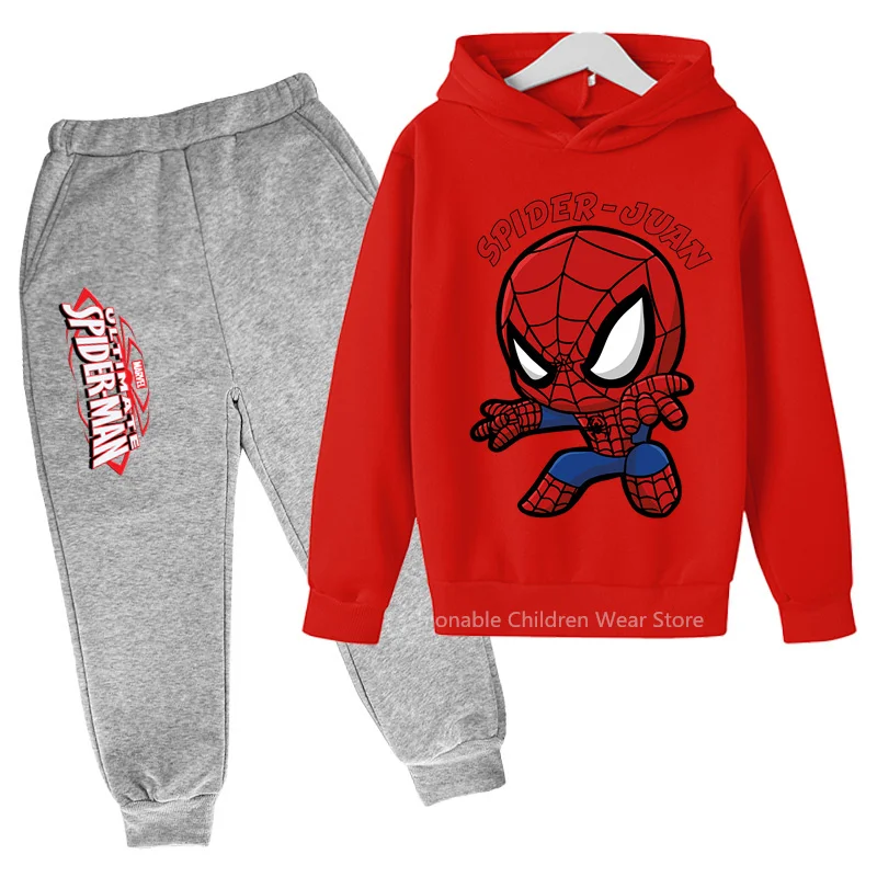 Marvel Stylish Q-Spider-Man Print Hoodie & Pants Combo - Fun Cotton Jacket and Pants for Kids' Outdoor Adventures