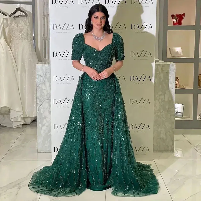 

Dubai Green Sequined Beading Mermaid Evening Dresses With Detachable Train Saudi Arabic Women Party Prom Gowns Vestidos De