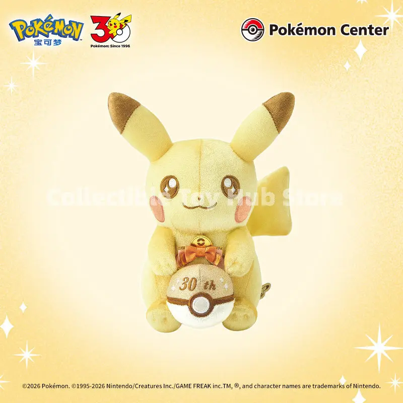 genuine-pokemon-center-official-30th-anniversary-pikachu-plush-doll-collectible-stuffed-toy-with-pokeball-bow-tie-kawaii-gift