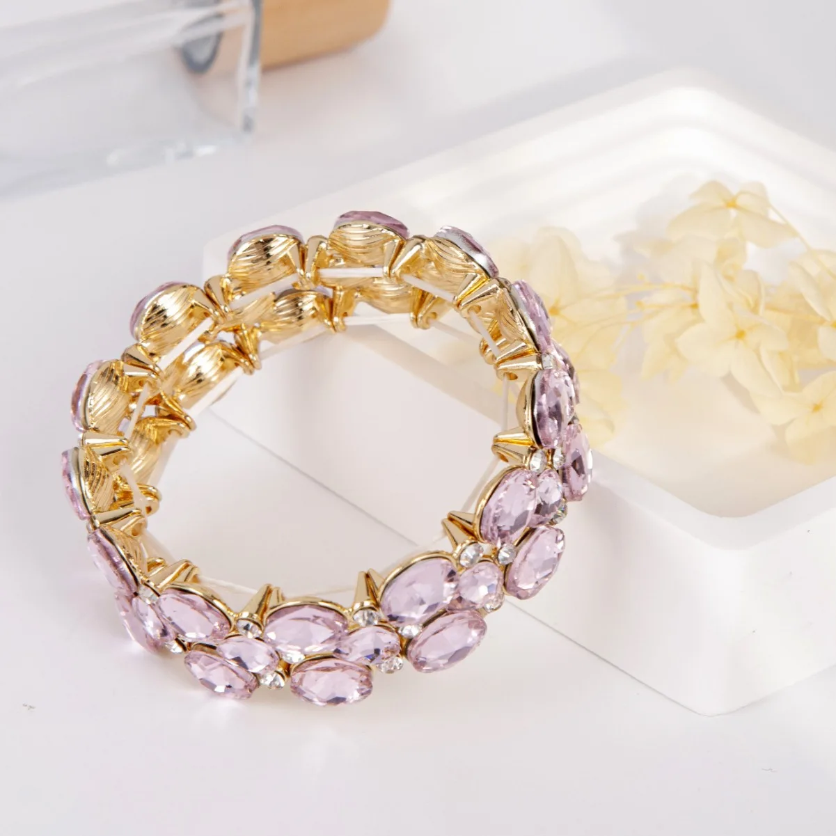 Fashion Women\'s Gold-plated Purple Rhinestone Elastic Bracelet Party Bangles
