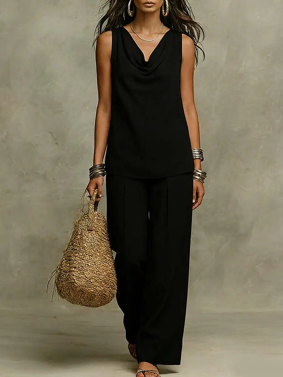 

2026 V-neck Sleeveless Vest Solid Color Pullover Loose Pullover T-shirt Wide Leg Casual Pants Two-piece Set Women's Casual Suit