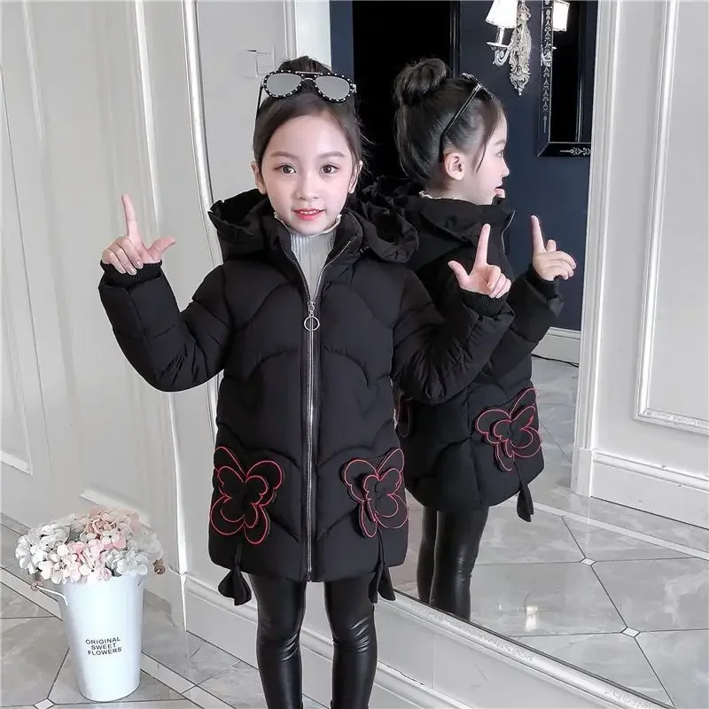 

Thickened Korean Style Hooded Mid-Length Cotton-Padded Jacket for Girls, Children's Winter Warm Coat 2025