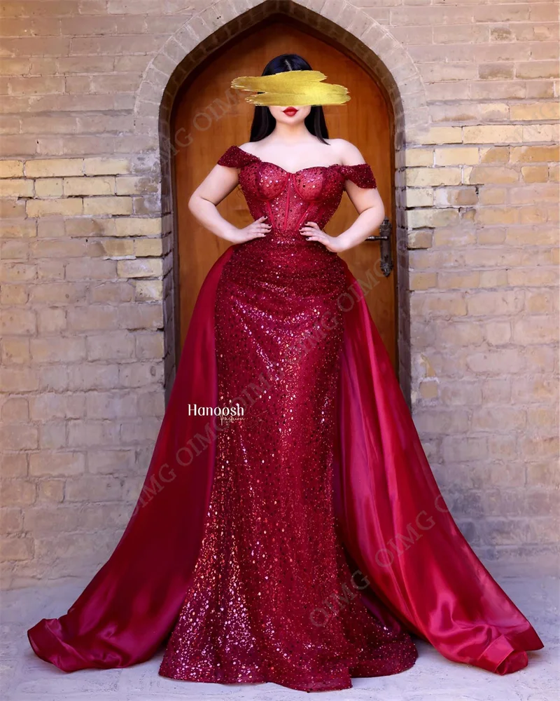 OIMG vestido de noche Formal de sirena con lentejuelas Rojas, hombros descubiertos, cuentas brillantes, vestidos de noche de fiesta de cena para mujer, vestidos de cóctel