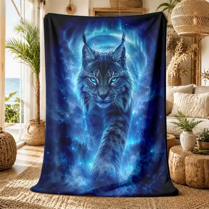 Space Blue Lynx Wild Cat Throw Blanket Mysterious Nebula Animal Print Soft Blanket for Couch Bed Bedroom Decor