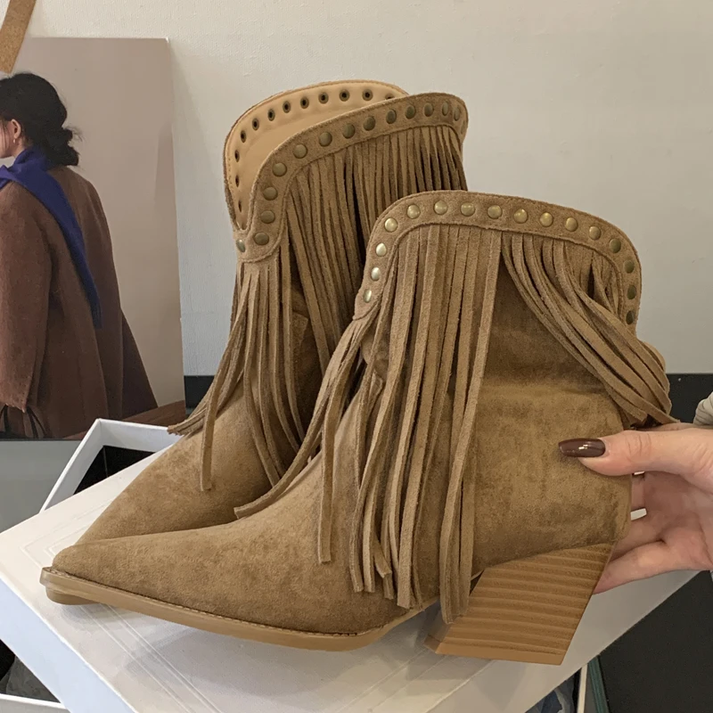 

Eilyken/Новый модный дизайн, ботильоны с заклепками и кисточками, женские ботильоны на квадратном низком каблуке, женская обувь для банкета и вечеринки