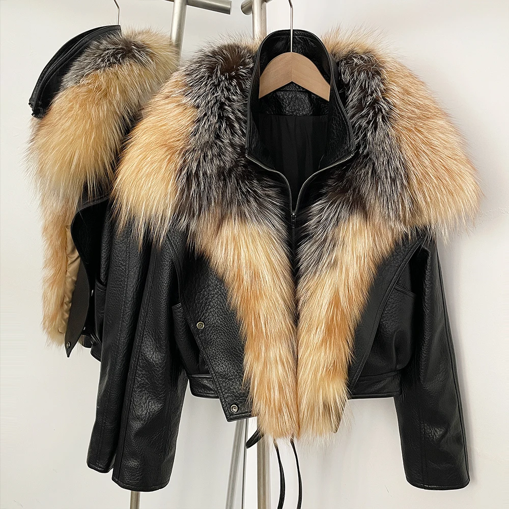 

Women's Fur Coat Woman Clothing PU Leather Jacket Cropped Moto Biker Natural Fur Coat Female Vintage Faux Leather Coat Outerwear
