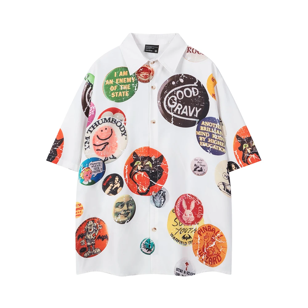 

Harajuku Cartoon Graffiti Print Summer Hawaiian Shirt for Men Lapel Patchwork Breathable Baggy Loose Top Unisex Beach Clothes