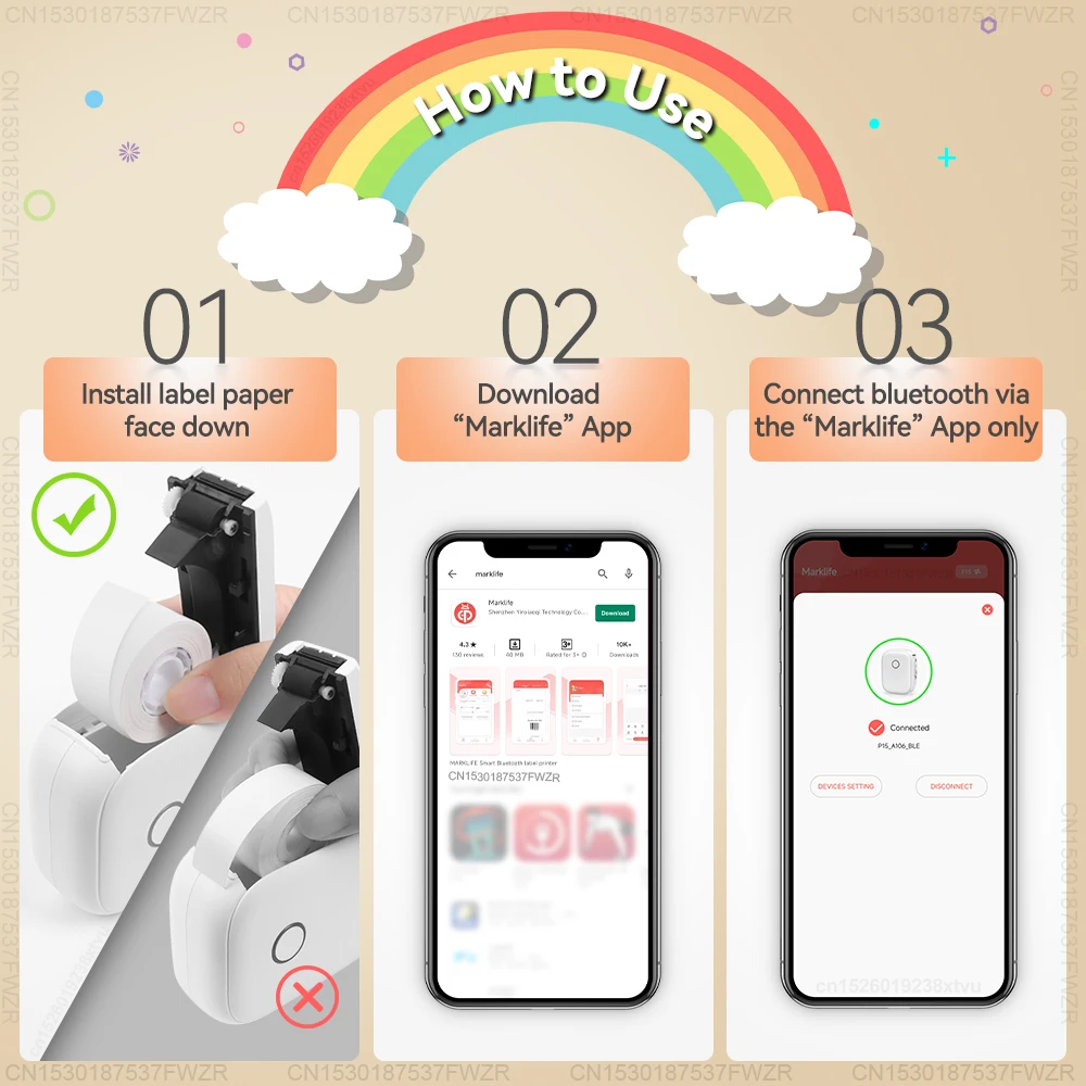 Marklife P12 طابعة ملصقات حرارية قطع تلقائي طابعة صغيرة محمولة P12 آلة وضع العلامات على الملصقات اللاصقة أو 5PK الشريط المستمر #5