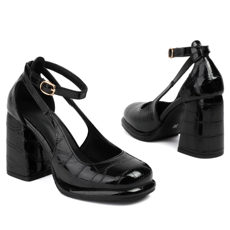 Close Toe Red Block High Heels Women Sandals Summer Shoes Pumps Ladies Ankle Strap Elegant Black Nude Party Wedding Shoes Brand view 6