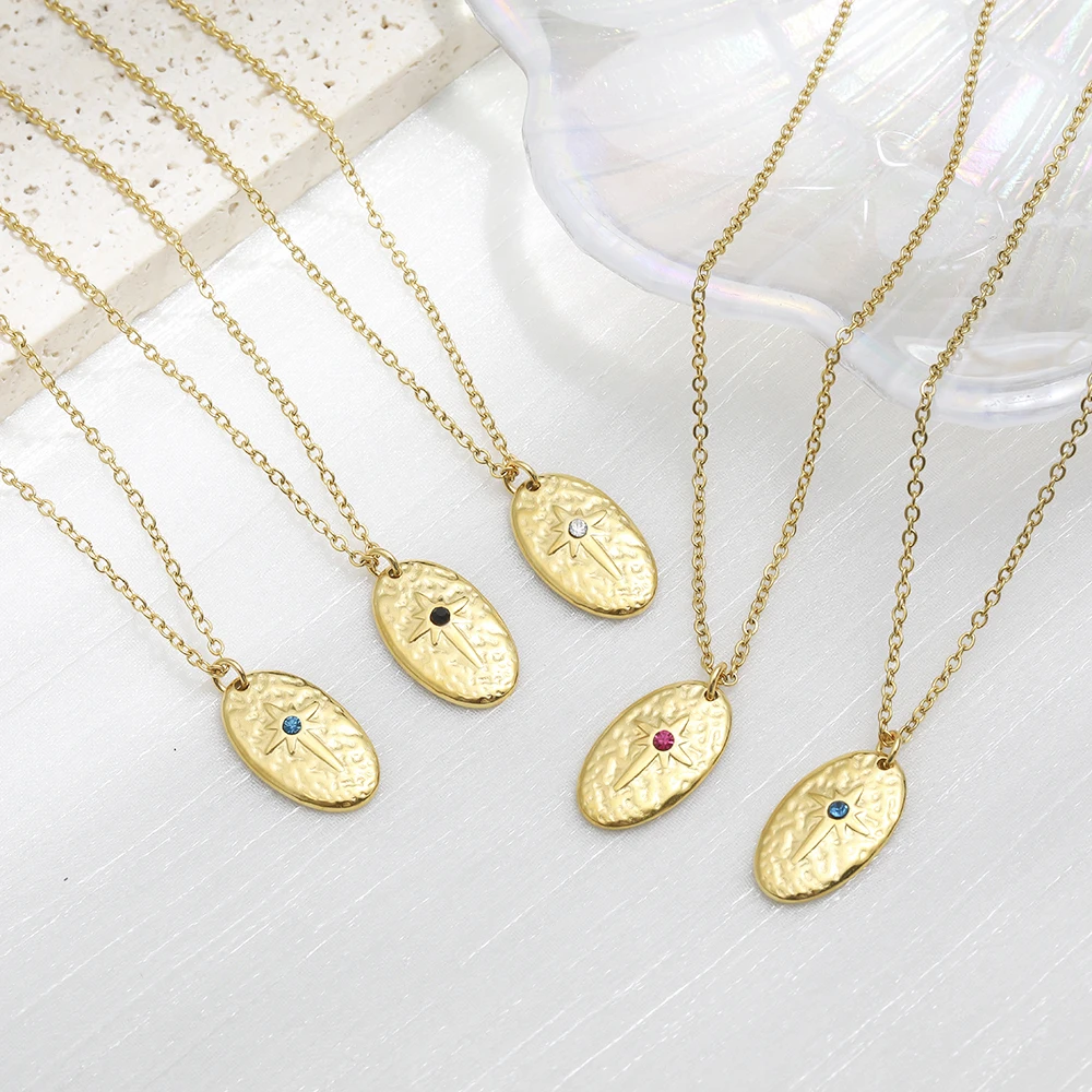 Natural Gemstone Gold Plated Stainless Pendants Necklace for women Simple Elliptical Encrusted Colgantes Engagement