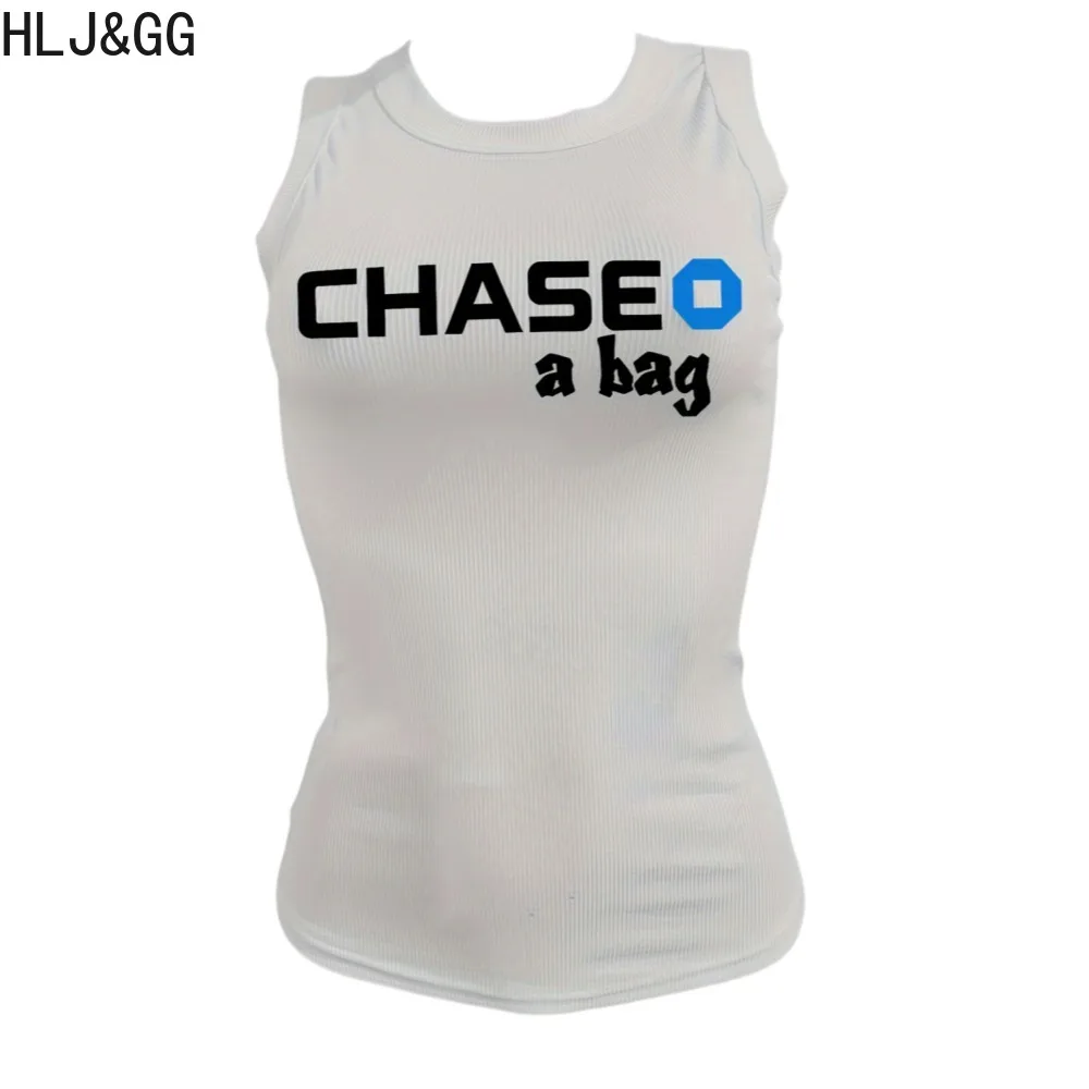 HLJ&GG Summer New Ribber Letter Print Slim Tank Tops Women Round Neck Sleeveless Matching Vests Fashion Female Sporty Streetwear