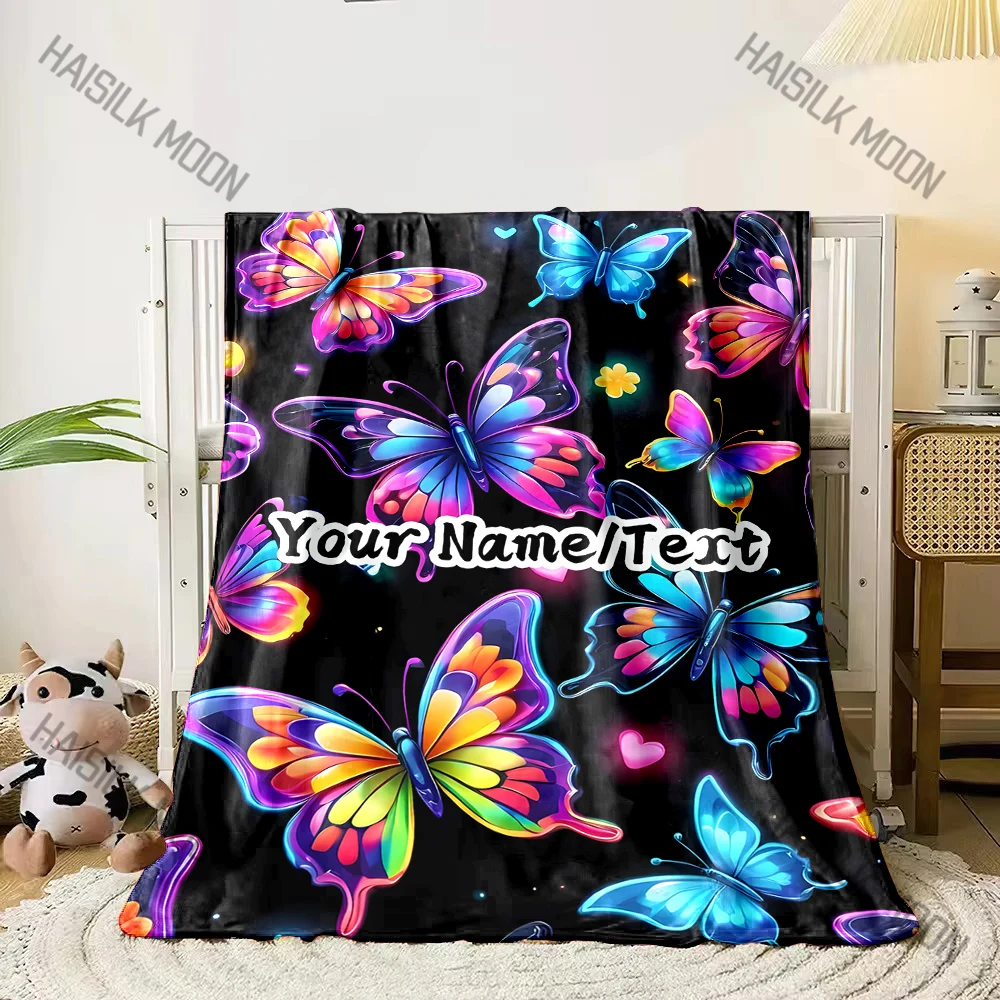 

Custom Name Personalized Blanket Colorful Butterfly Patterns Fluffy Soft Flannel Sofa Adult Blanket Office Lunch Kid Gift