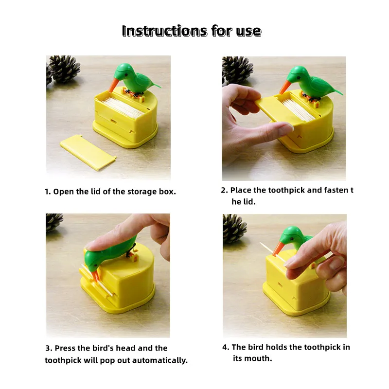 Automatic Pop-up Toothpick Storage Box, Cartoon Bird Press, Dustproof and Moisture-proof, ABS Material, Originality, 1Pcs