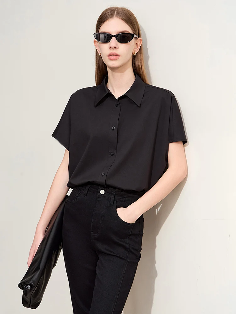 Amii Minimalism 2024 Women Shirt & Blouse Summer New Cotton Blend Spliced Lapel Female Loose Short-sleeve Trendy Shirts 12442198