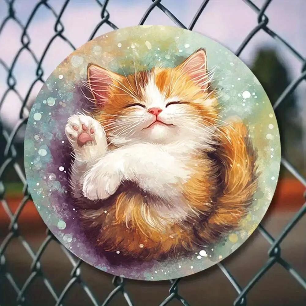 1 Stück modernes, rundes Aluminiumschild „Star Dream Kitten“ im Anime-Stil |   Durchmesser, rahmenlose Wandkunst für Zuhause, Bar, Garagendekoration