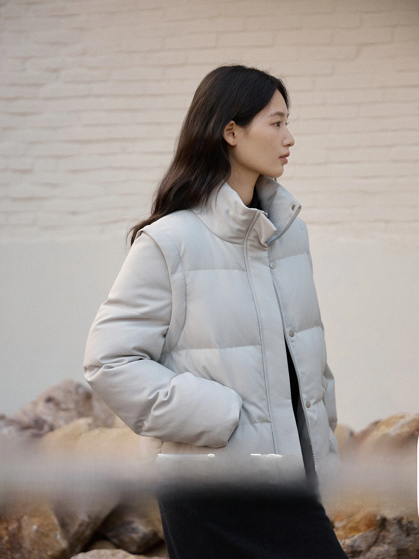 

GINNKEE French Sle Soft Hollow down Jaet Detachable Sve Two-Way Wear Design Warm Stand Collar Zipper Closure Long Sve