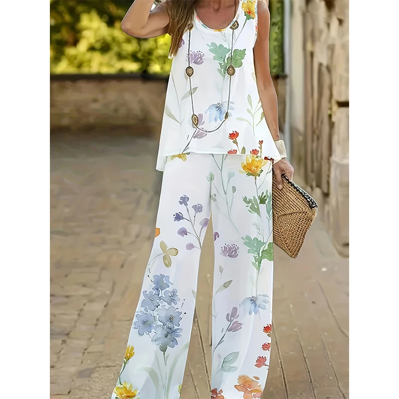 2024 New Women's Print Sleeveless Vest Set Oversized Women's Loose Top Vest Fashion Pants Summer Casual Breathable Ladies Set