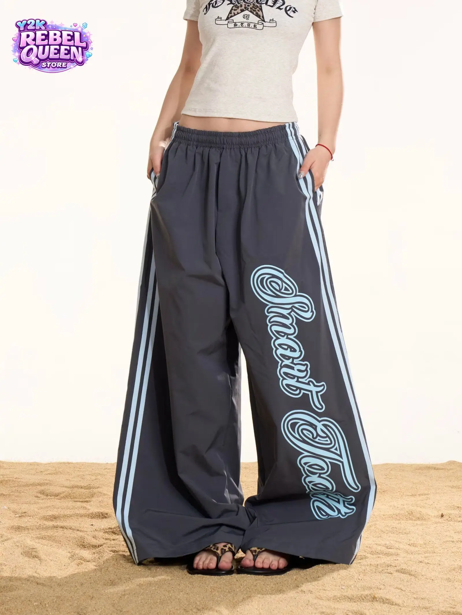 Y2K Streetwear Graphic Letter Print Wide Leg Pants Women High Waist Side Stripes Loose Fit Quick Dry Casual Daily Outfit 2026
