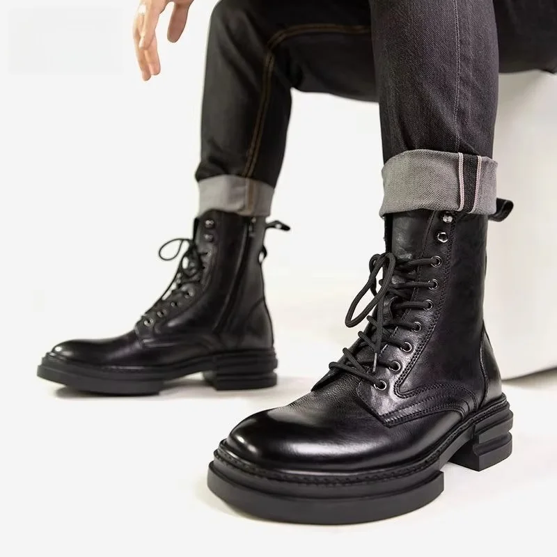Men's Leather Ankle Boots, Handmade High-quality Split Leather Upper, Thick Sole, Elegant Winter Wedding and Daily Casual Shoes