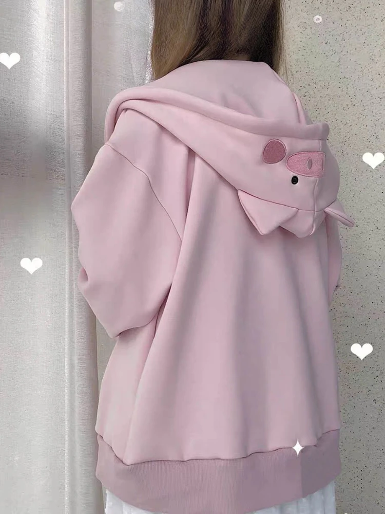 Felpe con cappuccio ricamate con lettere maialino rosa dolce donna allentate Y2k Kawaii felpe preppy carine felpa con cappuccio estetica casual tascabile alla moda