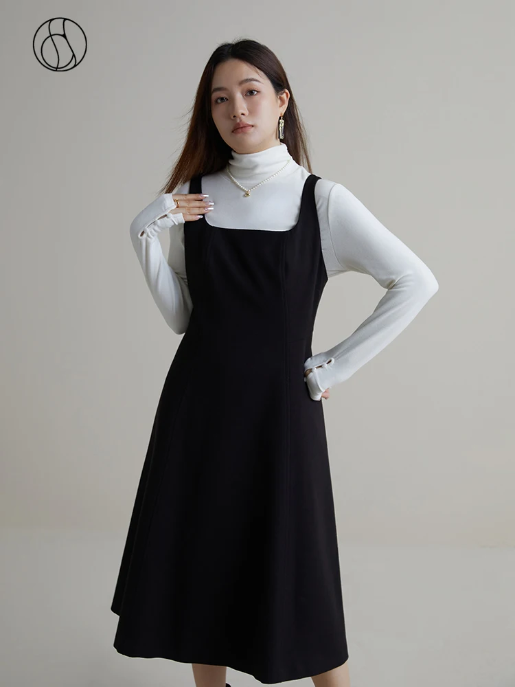 

DUSHU Square Neck Style High Waist Show Thin Dress Winter New Elegant Style A-line Small Black Women Dress Casual Loose