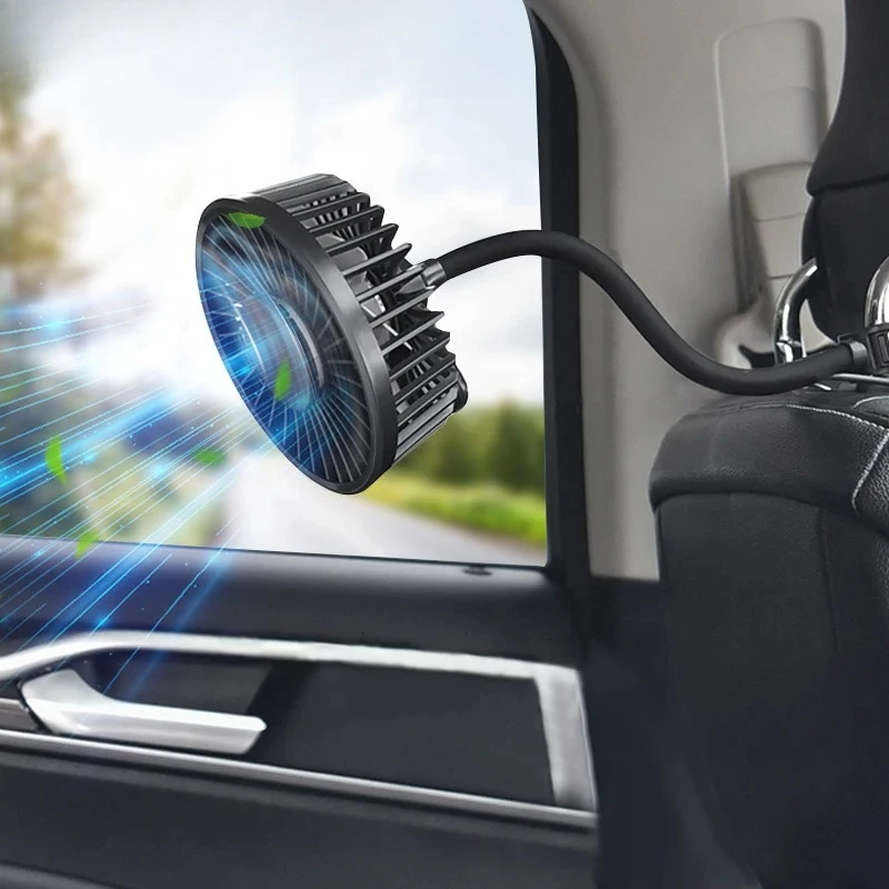 1pc Car Electric Fan Strong Wind 3-Speed Cooling Fan for Rear Seat Passenger Portable 360 Degree Rotatable Car Air Fan