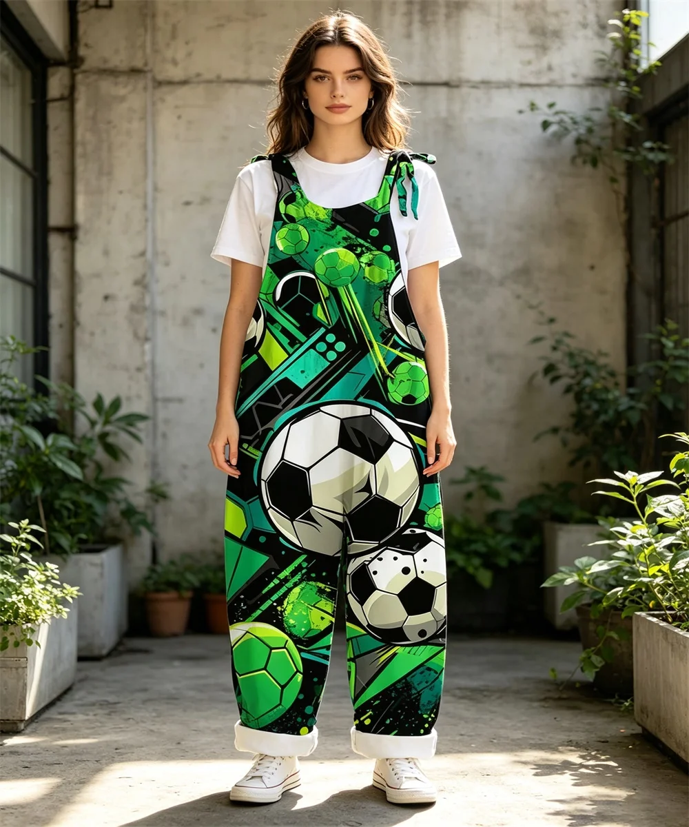 2026 Summer New Women's Football Graffiti Printed Comfortable jumpsuit, Off Shoulder Sleeveless Loose jumpsuit