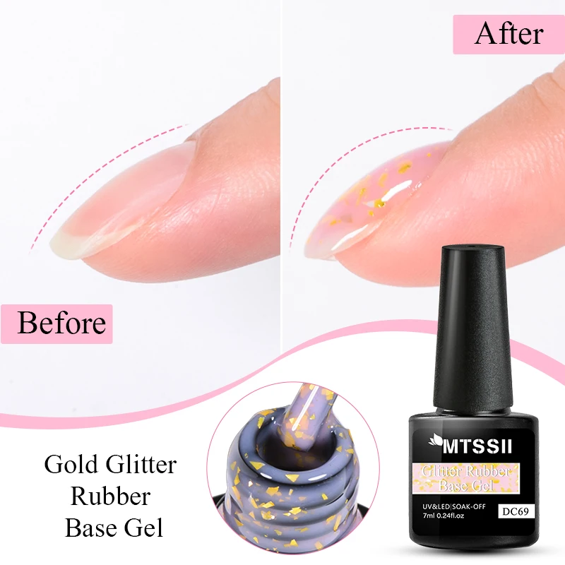 Mtssii 7ml Glitter Rubber Base Gel Pink Milky Gold Foil Sequins Soak Off Semi Perment UV LED Self-leveling Nail Art Varnish