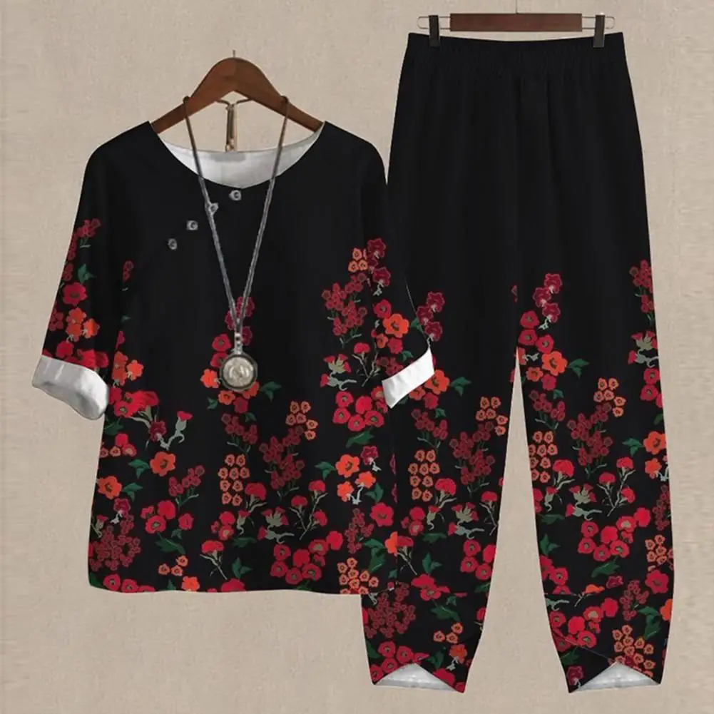 

2Pcs/Set Chic Top Pants Set Buttons Decor Skin-touching T-shirt Trousers Set Casual T-shirt Wide Leg Pants Outfit
