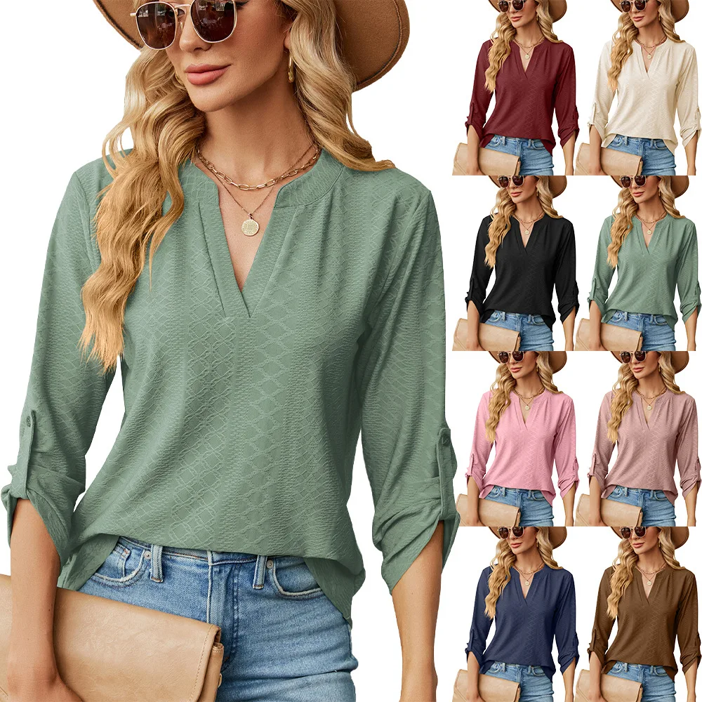 

2025 Autumn and Winter New Solid Color V-neck Seven-quarter Sleeve Button Loose T-shirt Top Women's Europe and America