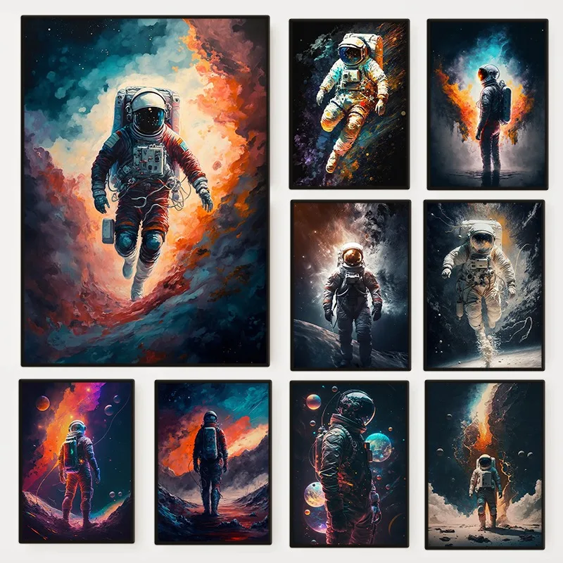 (2D Canvas Painting)  Modern Outer Space Astronaut Poster Abstract Colorful Sci-fi Spaceman Canvas Painting Wall Art for Livi