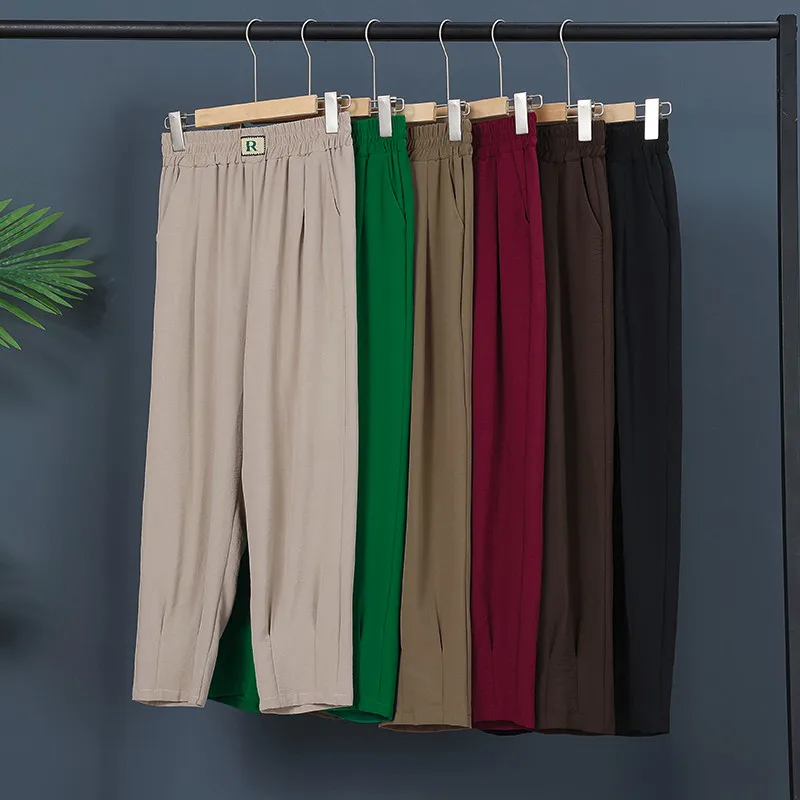 2023 Cotton Linen Ankle Length Pants Women Spring Summer Casual Harem Trousers Black White Elastic Waist Loose Pants