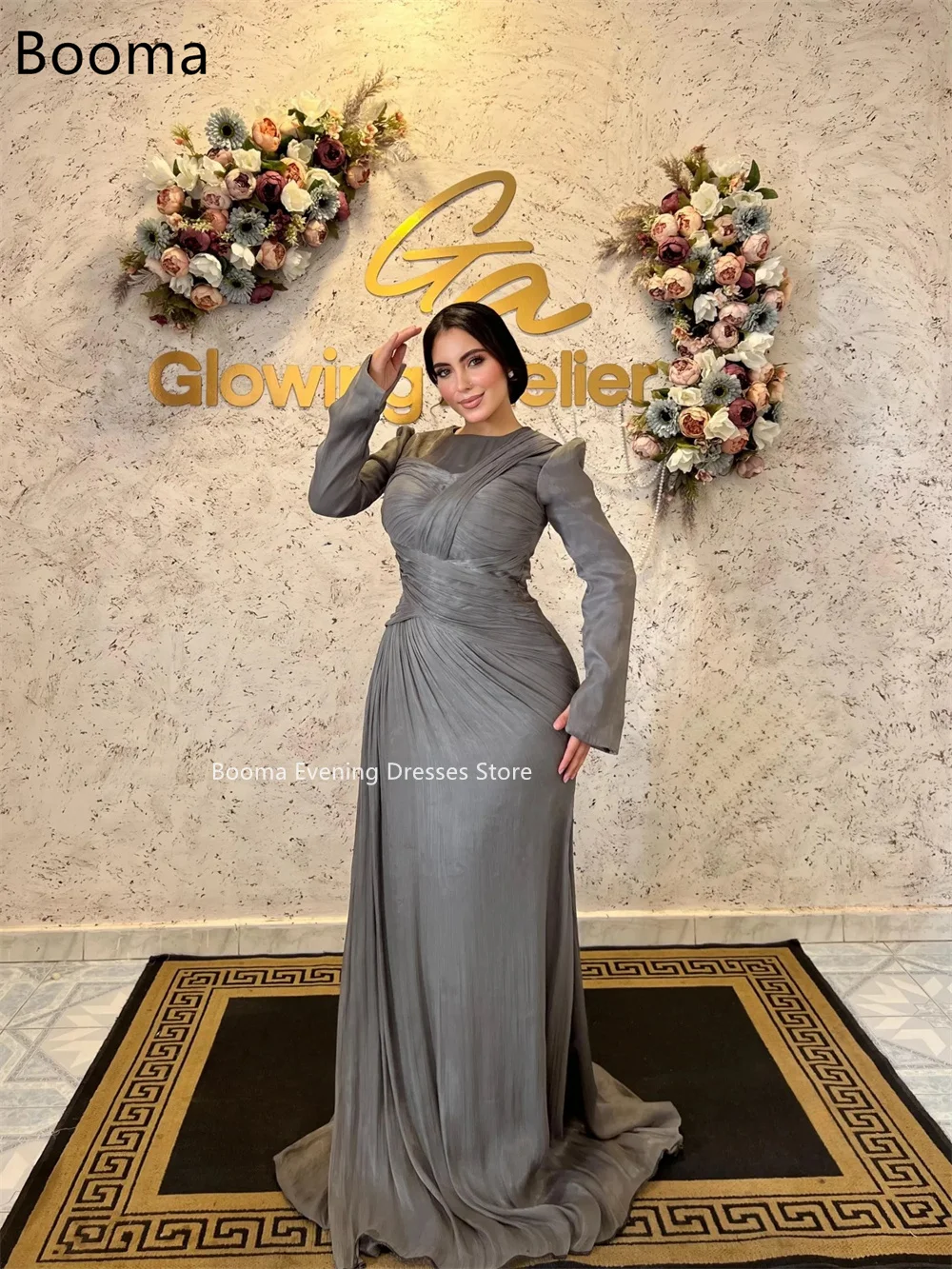 Booma لامعة حورية البحر س الرقبة طويلة الأكمام فساتين حزب أثواب رسمية للنساء مطوي فستان حفلات أنيق تخصيص