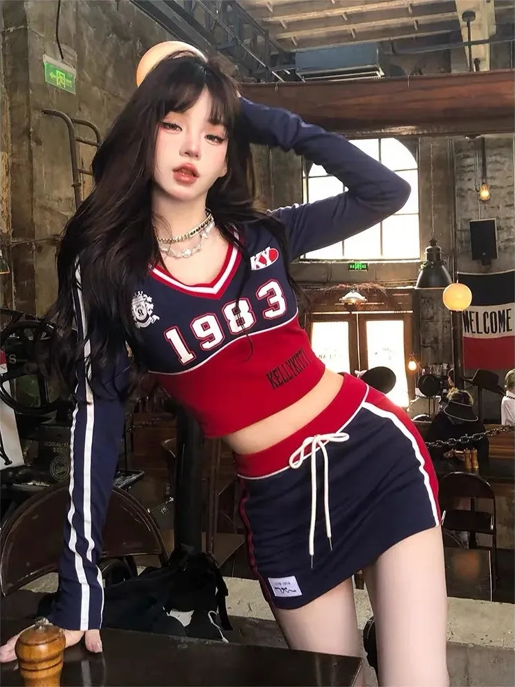 

American Sle Spor Sweet Cool Jazz Dance ort Set Женский утягивающий топ, футболка и юбка, повседневная спортивная одежда