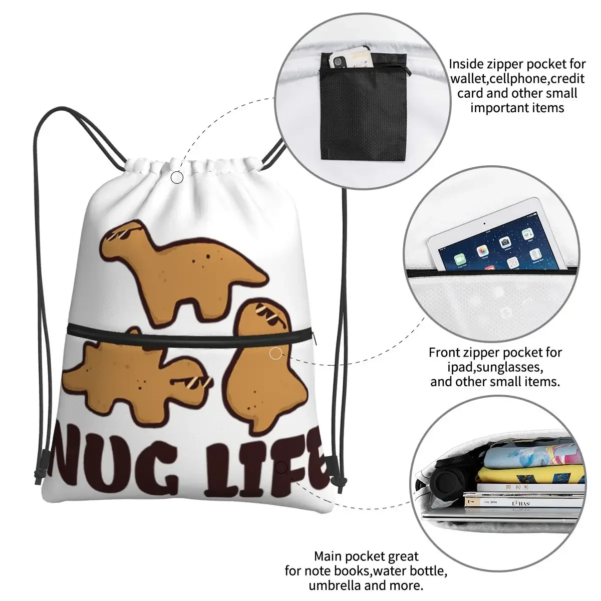 Nug Life-mochila portátil con cordón para estudiantes de escuela, bolso con cordón, bolsa para artículos diversos, dinosaurio, pollo, Nuggets