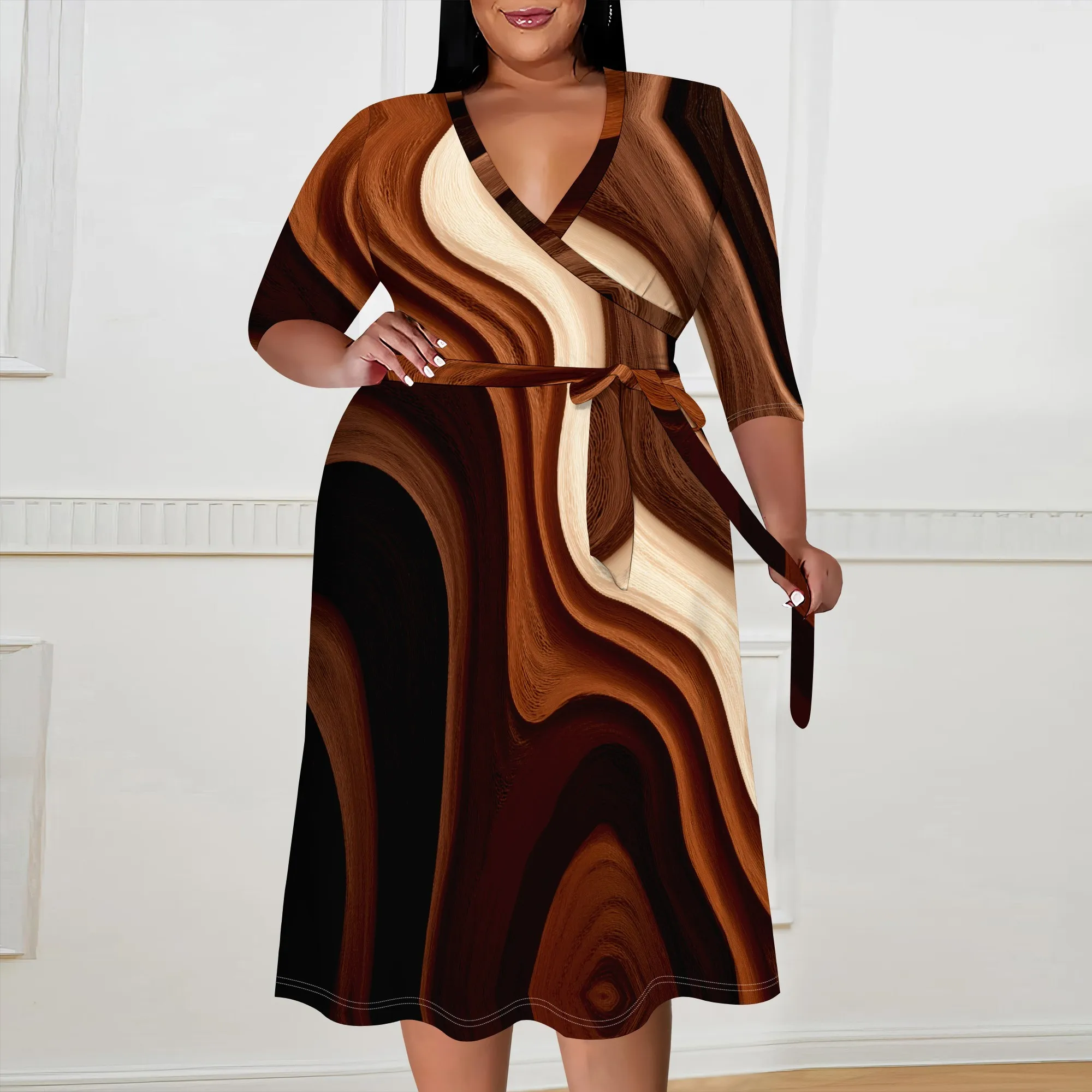 

Plus Size Autumn Dress Women's V-Neck Wrap Dress XL-6XL Abstract Print Casual A-Line Midi Dress