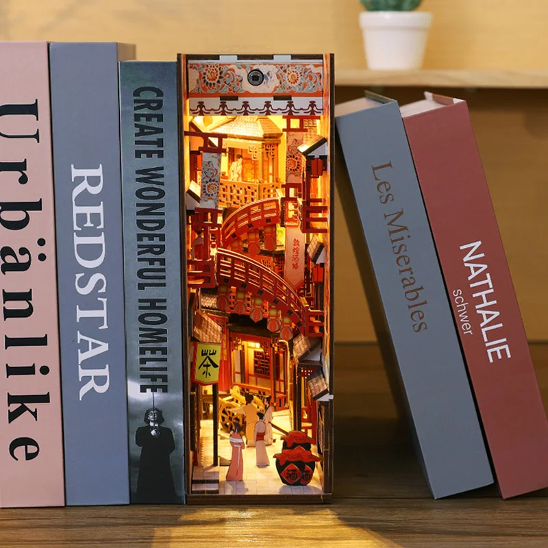 DIY Book Nook Shelf Insert Kits Wooden Miniature Building Kit Japanese Tavern Town Bookend Bookshelf Home Decoration Craft Gifts