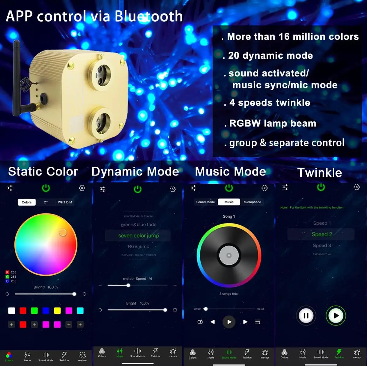 Bluetooth 20w Upgraded Fiber Optic Lights Twinkle Star Ceiling Lighting Kits 1100pcs0.03in13.1ft Fiber Strands Dual Port