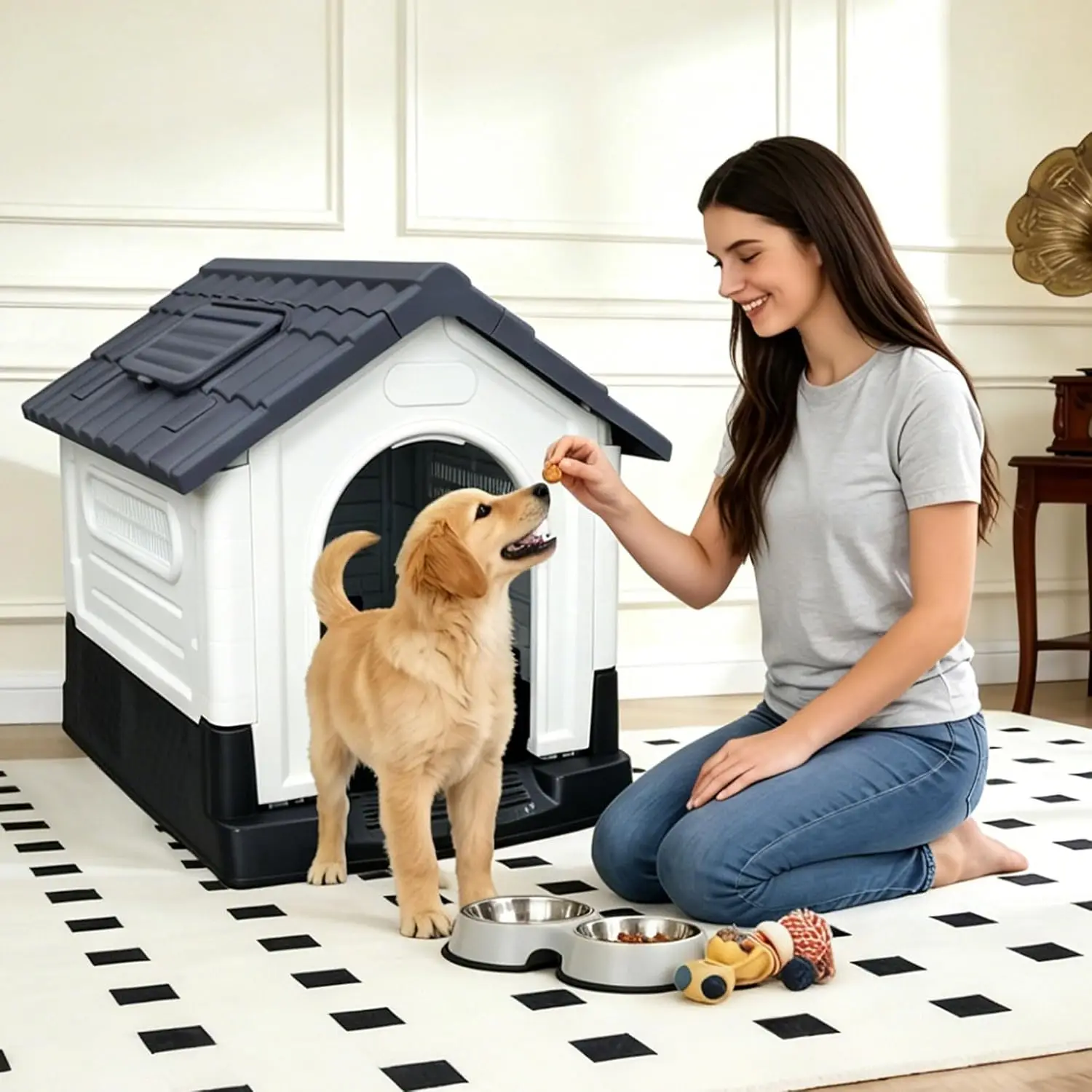 Large Plastic Dog House Waterproof Sloping Roof Easy Clean Assemble Indoor Outdoor 39 Inch, Customized