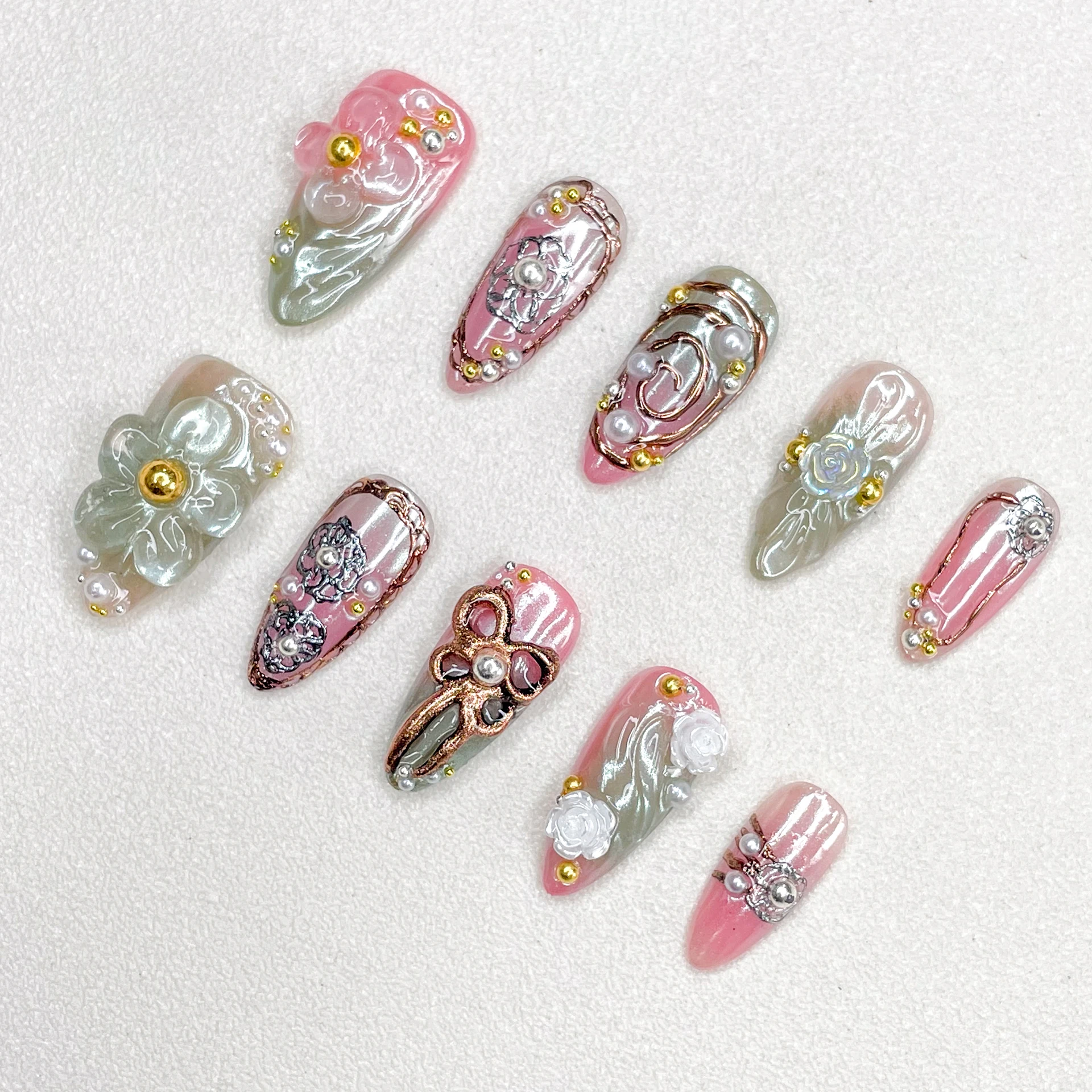 New Handmade Embossed Series Nail Art Press on Nails Carved Hand Painted Fake Nails Almond Bow Style Mandarin Duck Series
