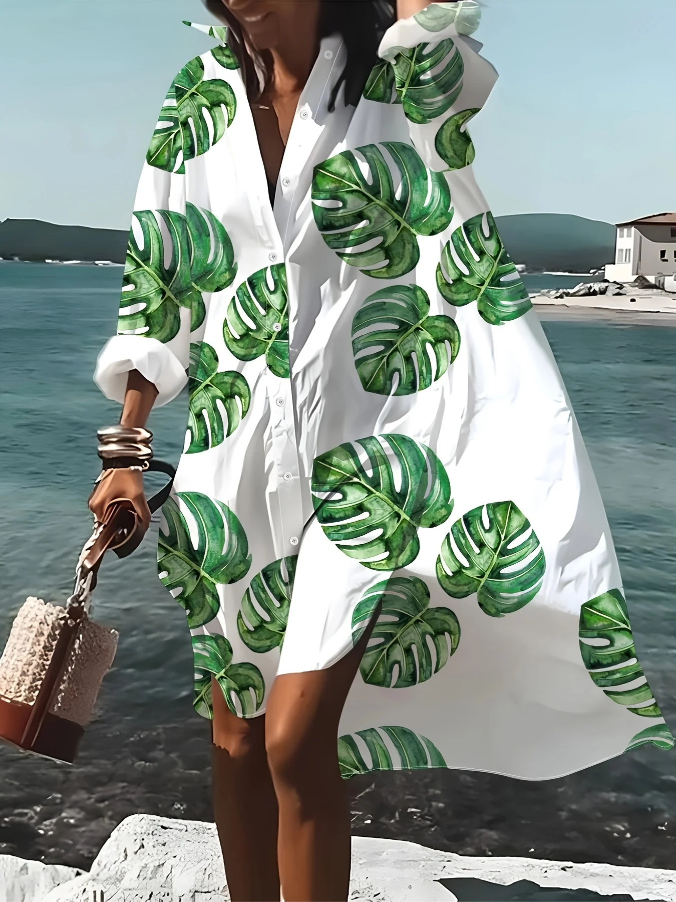 Grünes Blättermuster Langarm-Hemdkleid Urlaubsstil Lässiges Sommerkleid Damen Mode A-Linien-Kleid Trendiges Büro-Outfit
