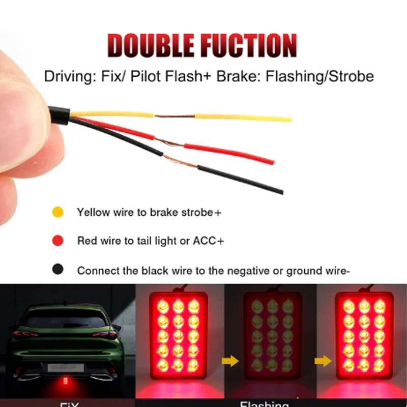 Car LED 3rd Brake Light F1 Style 15 LED Rear 3rd Third Strobe Flashing Tail Brake Stop Light Red/Black Universal Car Signal Lamp