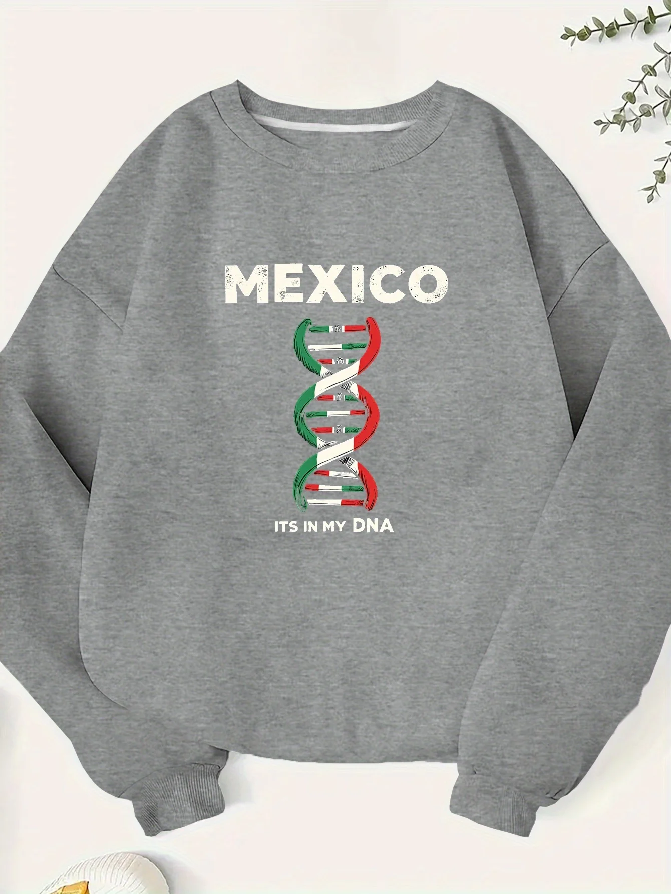 

Mexico-Inspired Dna Helix Graphic Print Sweatshirt, Women's Polyester Knit Fabric Crew Neck Casual Pullover, Geometric Pattern