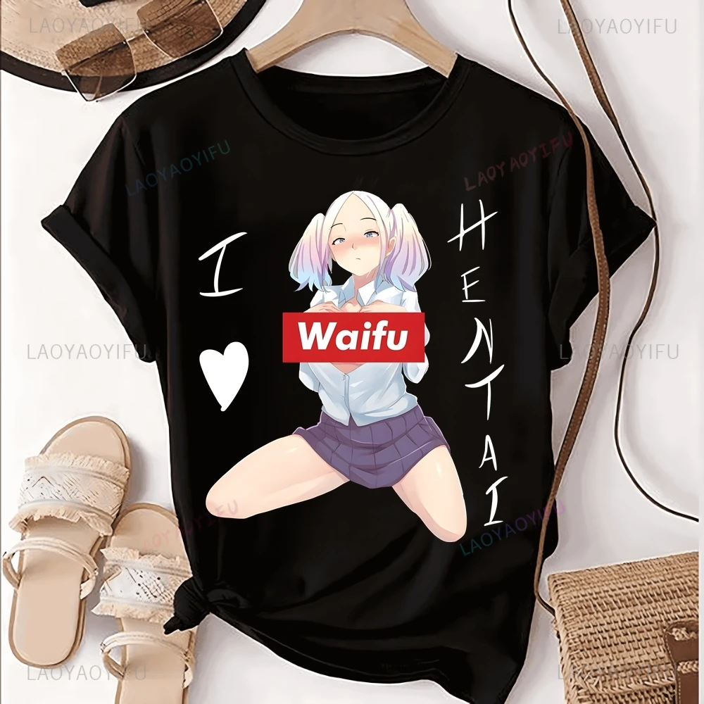 I Love Hentai Printed T-shirt Top Hentai Trend Harajuku Short Sleeve Unisex Shirt Pattern Large T-shirt