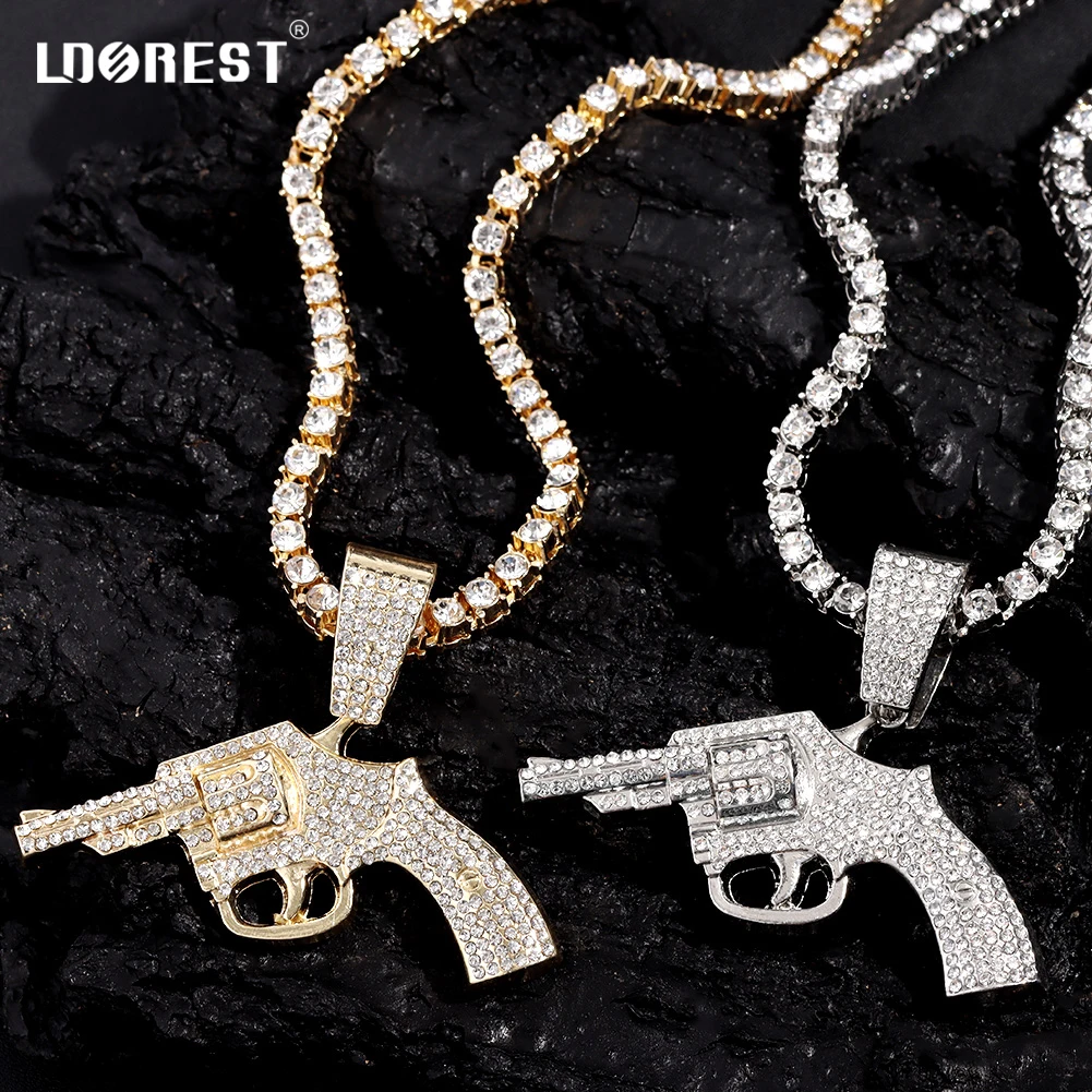 Punk Hip Hop Micro Pave Pistol Pendant Necklace For Men Women Iced Out Bling Gun Necklaces Tennis Rope Cuban Chain Trend Jewelry