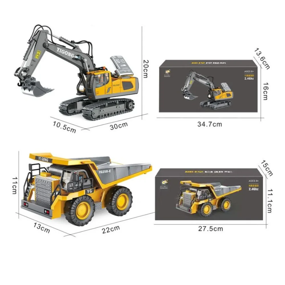 2.4Gリモコンショベルカー ダンプカー 11チャンネルシミュレーションRCカーモデルおもちゃ 合金プラスチック製子供用おもちゃ車 キッズギフト