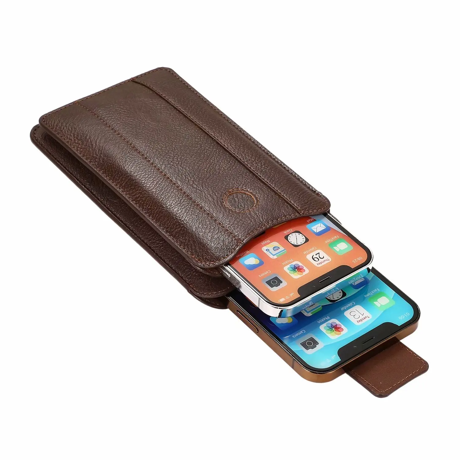 Leather 7.2 Dual Pouch Phone Belt Clip Case Holder For iPhone 16 15 14 Pro Max Samsung S25 S24 S23 Redmi Note 13 Men Waist Bag