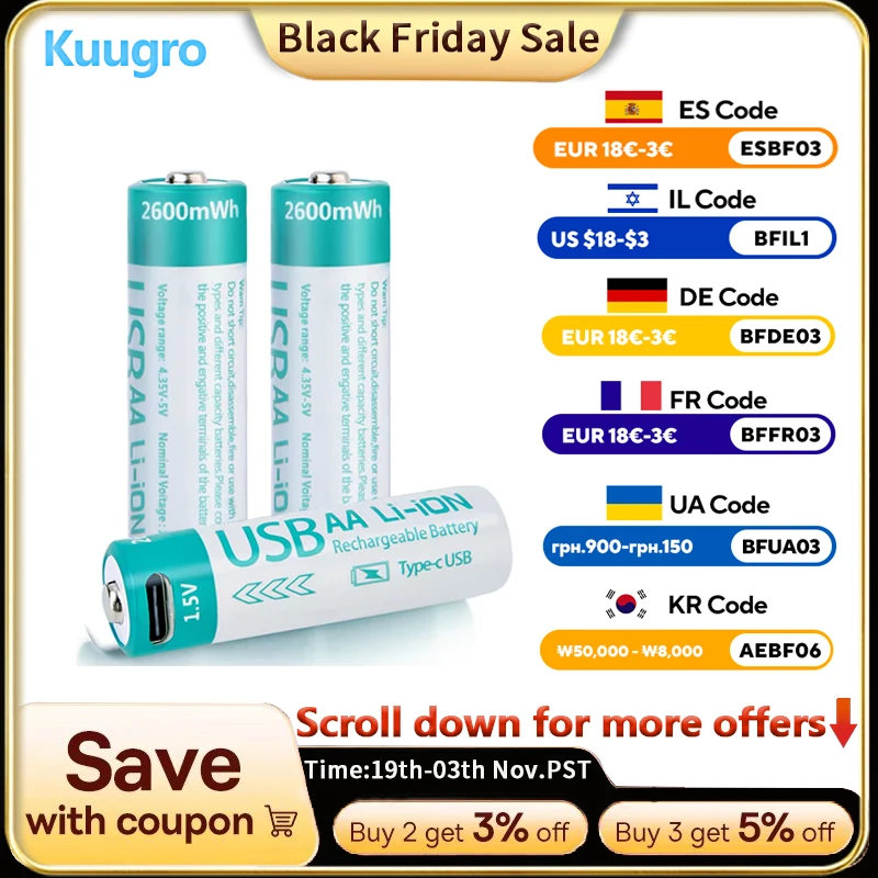 

kuugro USB 1.5V 2600mWh AA Rechargeable Battery Type-C Rechargeable aa Lithium Battery for Remote Control Electric Toys Mouse