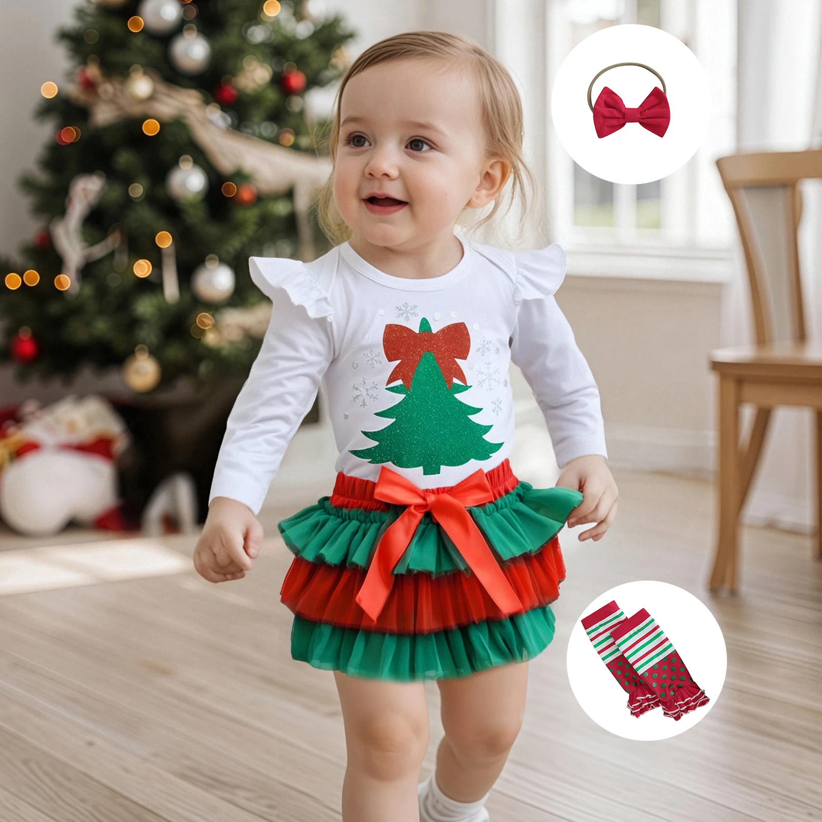 

Baby Clothing Girls Christmas Outfit Long Sleeve Romper + Tulle Skirt Shorts + Headband + Leg Warmers Set Infant Clothes