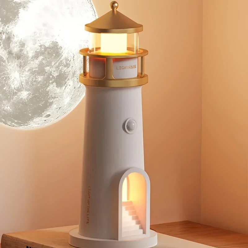 Romantic Lighthouse Night Light Moon Projection USB Powered Bedroom Table Top Atmosphere Lamp Home Decor Valentine's Gifts